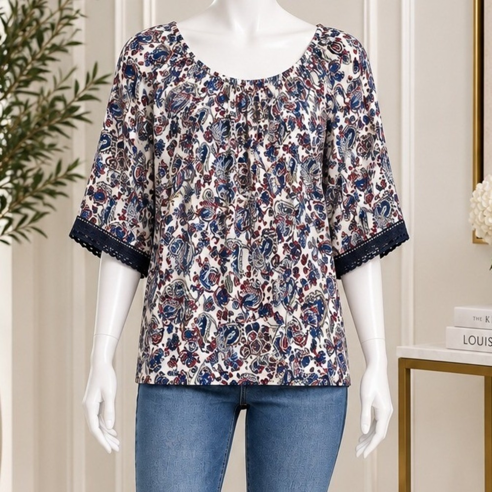 Daniel Rainn Womens Blouse Paisley Crochet Lace Trim Multicolor Size Large